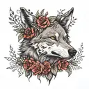 wolf on girls head like crown and skull at the bottom girl look like evil and the background is covered by flowers  tattoo design idea