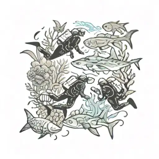 scuba divers exploring a coral reef with sharks and fish  tattoo design idea