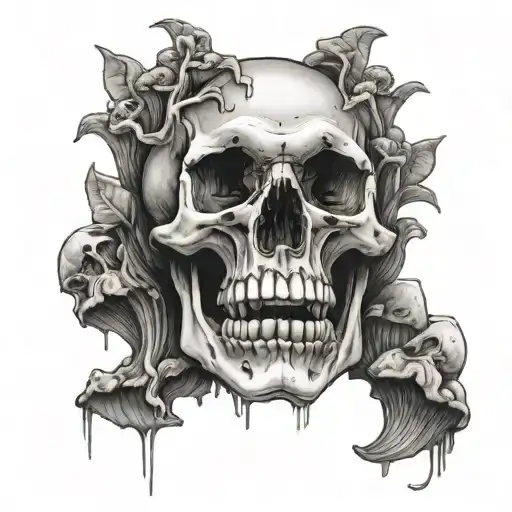 skull mushrooms growing out of jaw. skull upside down with no jaw tattoo design idea
