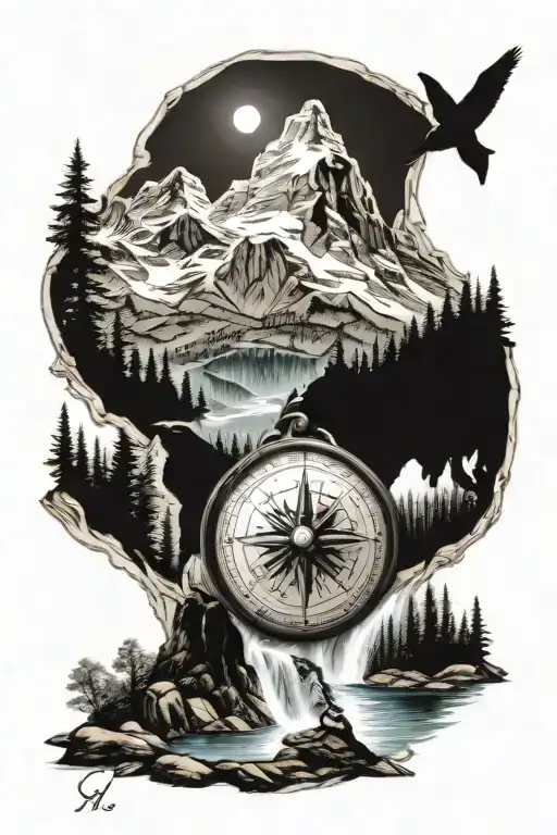 compass, mountains, trees, water falls, animals tattoo design idea