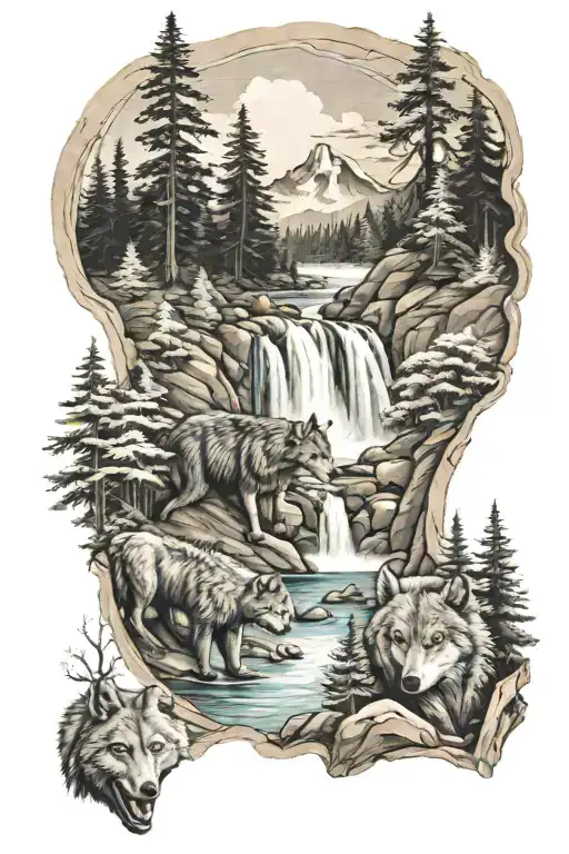 Moutains and trees, water fall, wolf and cubs with bears and cubs fishing tattoo design idea