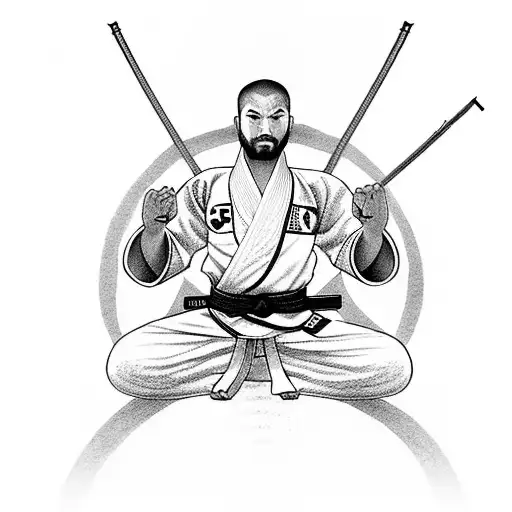 Jiu jitsu fighter sitting in white kimono with black belt in zen pose. Katana and book next to him. tattoo design idea
