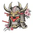 samurai helmet with a sakura tree burning in his teeth tattoo design idea