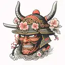 samurai helmet with a sakura tree burning in his teeth tattoo design idea
