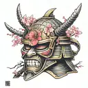 samurai helmet with a sakura tree burning in his teeth tattoo design idea