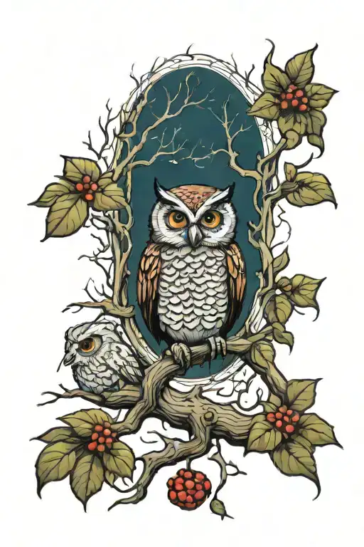a sleved tattoo with a small owl hidden in tree branches and a few small jumping spiders. tattoo design idea