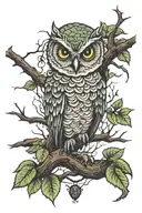 a sleved tattoo with a small owl hidden in tree branches and a few small jumping spiders. tattoo design idea