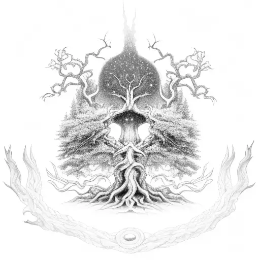 Yggdrasil tree in center with Fenrir wolf on left of tree, Jormungandr serpent wrapped behind tree on left of tree, Slei tattoo design idea