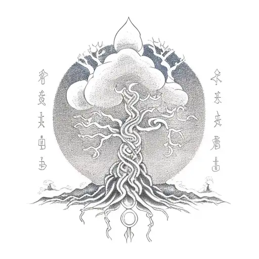Yggdrasil tree in center with Fenrir wolf on left of tree, Jormungandr serpent wrapped behind tree on left of tree, Slei tattoo design idea