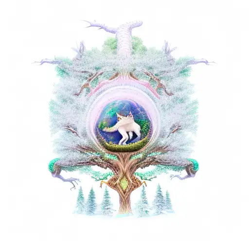 Yggdrasil tree in center with Fenrir wolf on left of tree, Jormungandr serpent wrapped behind tree on left of tree, Slei tattoo design idea