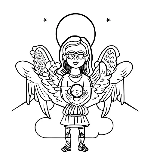 A family portrait with Lily, Olivia, Sofia, and an angelic figure representing our angel in the sky tattoo design idea