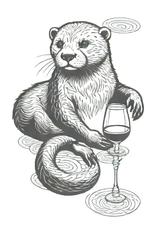 otter sits with a glass at full height tattoo design idea