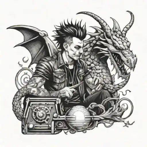 A dotwork design of a punk rocker playing pinball with a dragon perched on their shoulder tattoo design idea