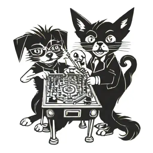 A blackwork tattoo of a punk rock band playing pinball with dogs and cats as the audience tattoo design idea