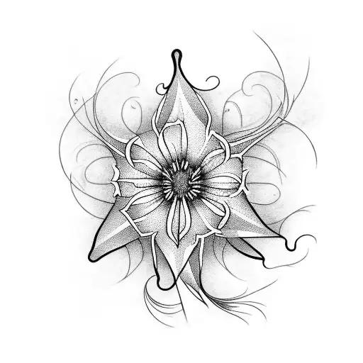 An abstract blackwork tattoo combining elements of art tools, spider lilies, and butterflies in a visually captivating composition tattoo design idea