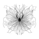 A surrealistic composition of a spider lily and a butterfly in blackwork style tattoo design idea