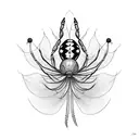 A surrealistic composition of a spider lily and a butterfly in blackwork style tattoo design idea