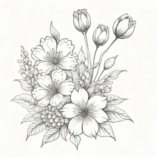 january, june and november birth flower bouquet with two small paw prints tattoo design idea