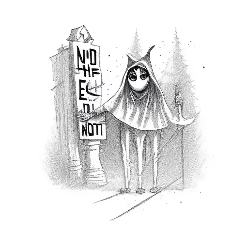 a haunted house witch a picket fence. ghost holding up billboard saying "the end is near" tattoo design idea