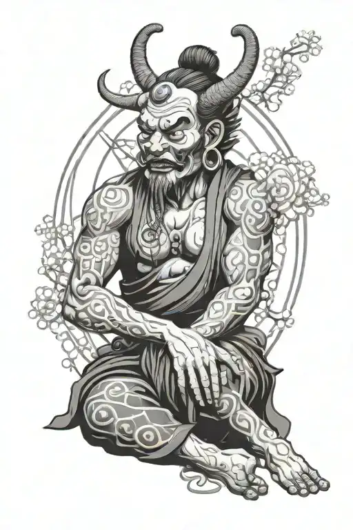 Raijin sits cross-legged, surrounded by a Zen circle (ensō). His face is serene with a calming smile. A peaceful Chinese tattoo design idea