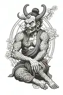 Raijin sits cross-legged, surrounded by a Zen circle (ensō). His face is serene with a calming smile. A peaceful Chinese tattoo design idea