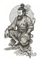 Raijin sits cross-legged, surrounded by a Zen circle (ensō). His face is serene with a calming smile. A peaceful Chinese tattoo design idea