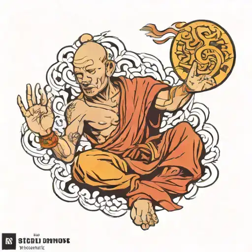 Tibetan monk tears apart banner from another dimension with his hands. tattoo design idea