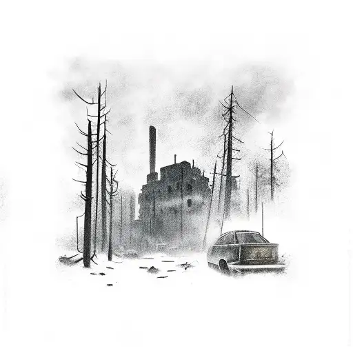 a gloomy picture of the post - apocalypse on the theme of Tarkov and metro 2033 ( there should be a bonfire and a wall i tattoo design idea