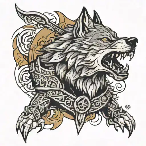 wolf growling with warrior wielding tattoo design idea