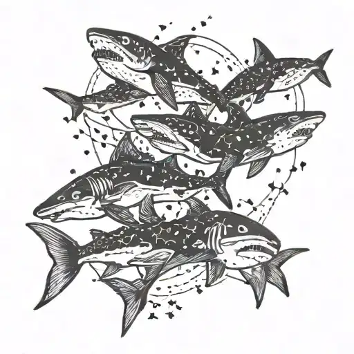 A Pisces constellation merging with a school of sharks tattoo design idea