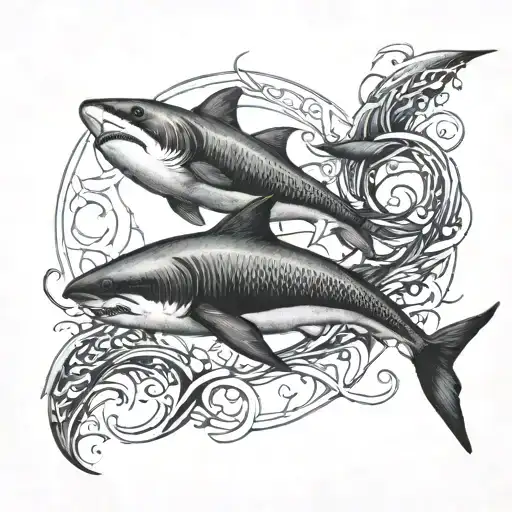 A blackwork tattoo of a Pisces symbol intertwined with a shark's tail tattoo design idea