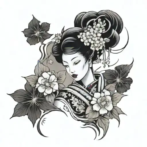 geisha with japanese flowers tattoo design idea