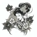 geisha with japanese flowers tattoo design idea