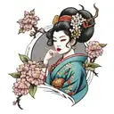 geisha with japanese flowers tattoo design idea