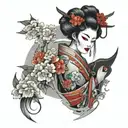 geisha with japanese flowers tattoo design idea