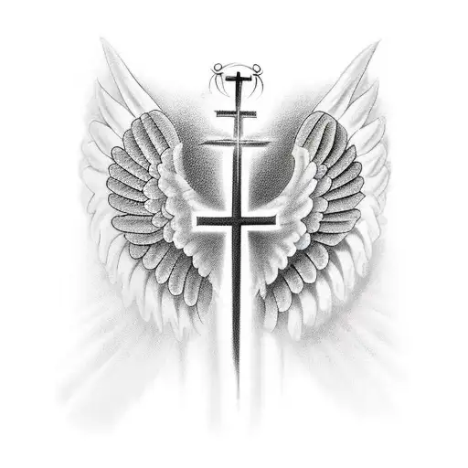 angel wings with a cross and halo tattoo design idea