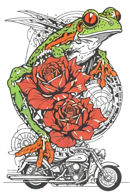 Red-eyed Tree frog, harley-davidson motor, rose, bird of paradise flower, teal tattoo design idea