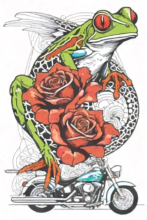 Red-eyed Tree frog, harley-davidson motor, rose, bird of paradise flower, teal tattoo design idea