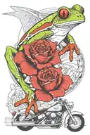 Red-eyed Tree frog, chevy motor, rose, bird of paradise flower, teal tattoo design idea