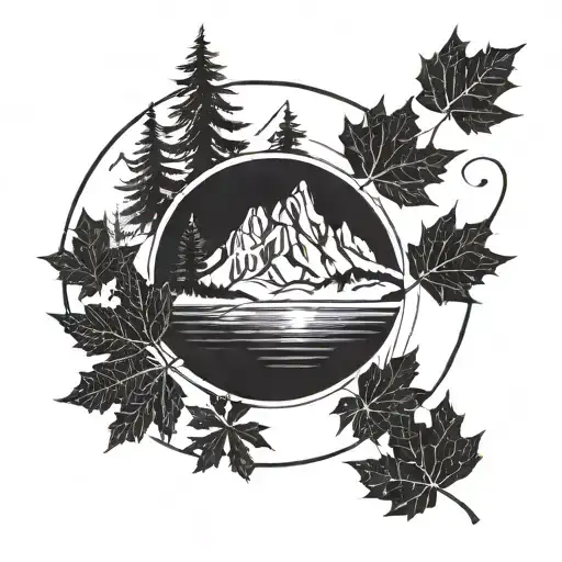 circle Canadian maple leaf backpacker mountains skier snowboarder cook tattoo design idea