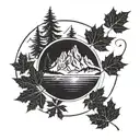 circle Canadian maple leaf backpacker mountains skier snowboarder cook tattoo design idea