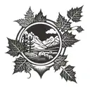 circle Canadian maple leaf backpacker mountains skier snowboarder cook tattoo design idea
