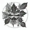circle Canadian maple leaf backpacker mountains skier snowboarder cook tattoo design idea