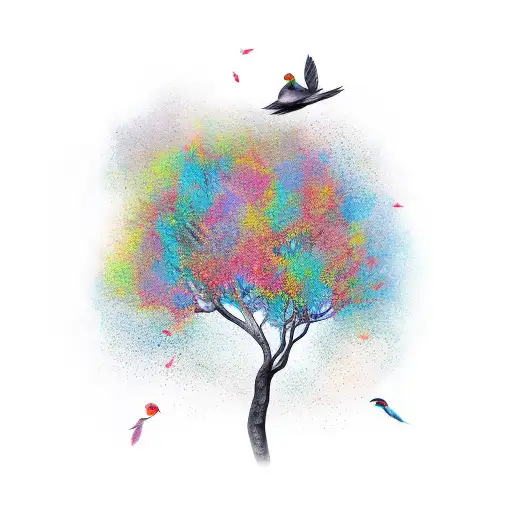 Tree arm birds black tattoo design idea