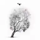 Tree arm birds black tattoo design idea