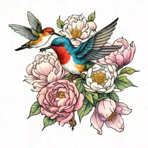 depicting flowers of peonies, magnolia, in watercolor style, hummingbird bird tattoo design idea