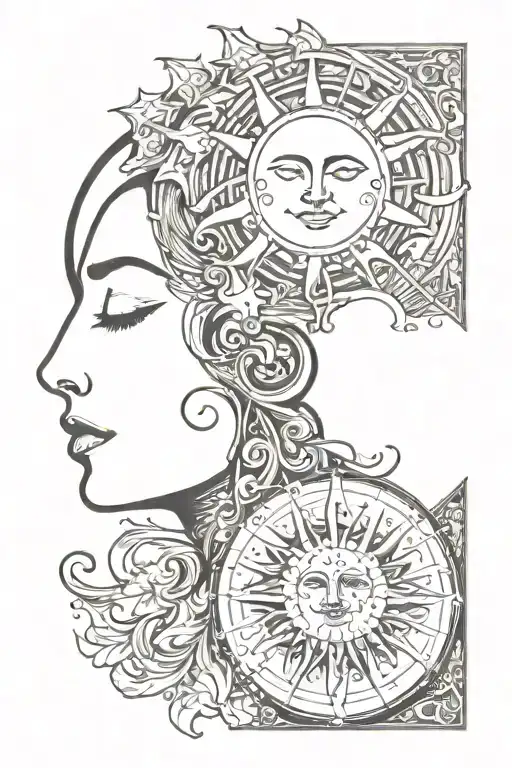 woman's face and sun and moon tattoo design idea