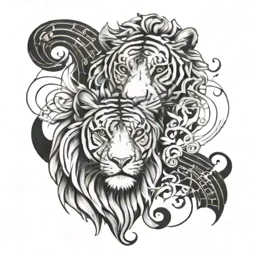A lion and tiger intertwined in a musical composition tattoo design idea