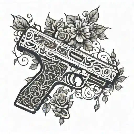 Create a blackwork tattoo of a powerful gun wrapped in elegant floral vines tattoo design idea