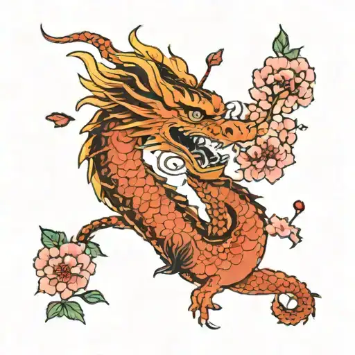 A Japanese themed oriental dragon surrounded by blooming cherry blossoms and playful cats tattoo design idea